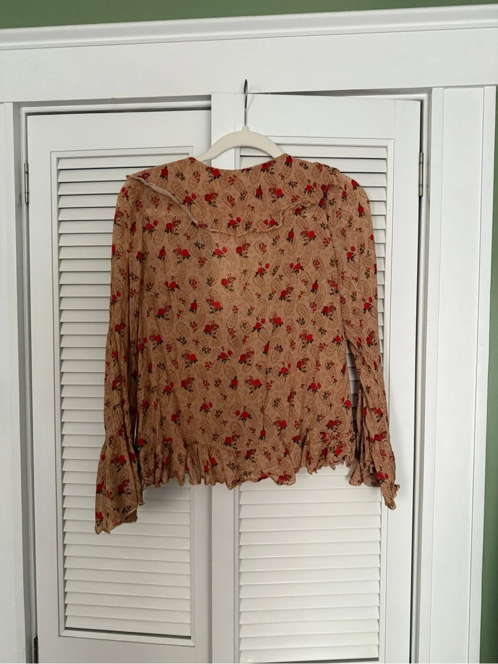 Spell Beige Floral Ruffle Tie-Front Blouse with Red Print